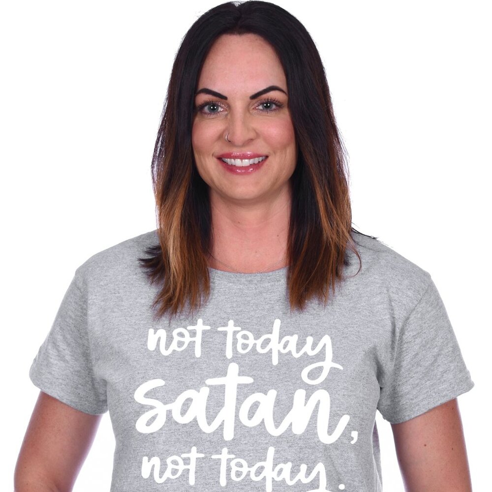 JH Design Women's Religious Christian Not Today Satan Hunter Grey T-shirt